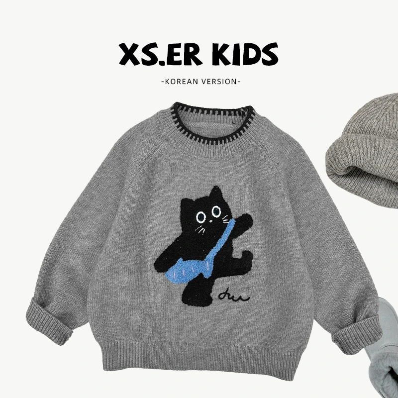 【小首尔】男童冬季韩版可爱软糯背包小猫针织针织毛衣hbb6324