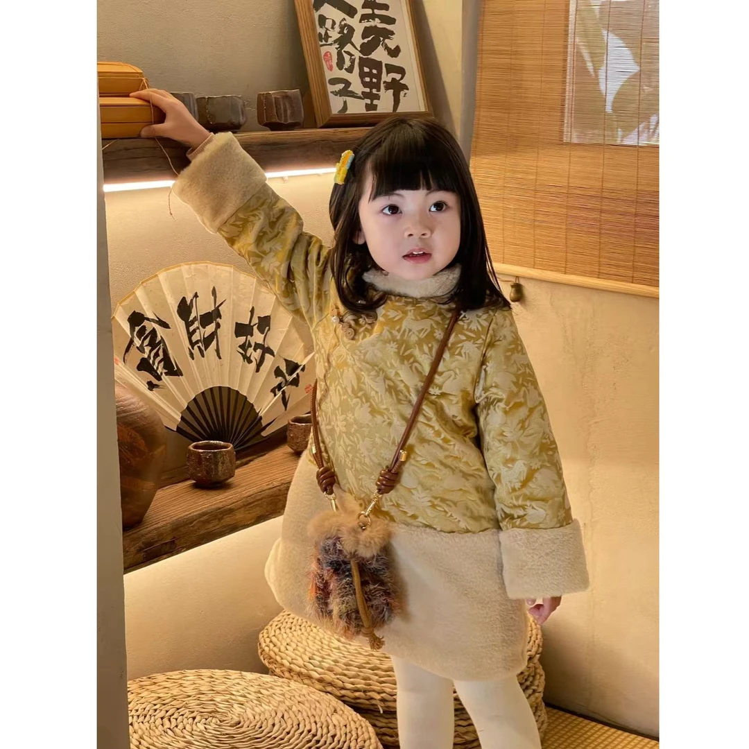 seekids浮光跃金可拆卸毛领夹棉旗袍裙