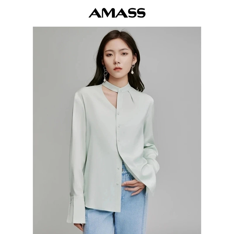 AMASS/阿玛施桑蚕丝立领不对称镂空设计法式微喇袖衬衫5300920