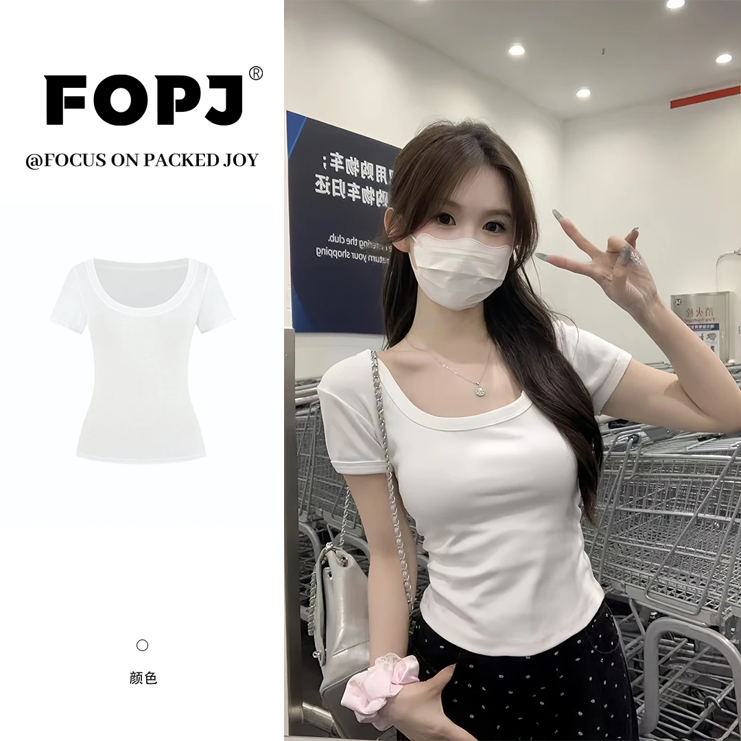 FOPJ辣妹低领时尚短袖女夏季百搭T恤修身显瘦短款纯欲简约上衣ins