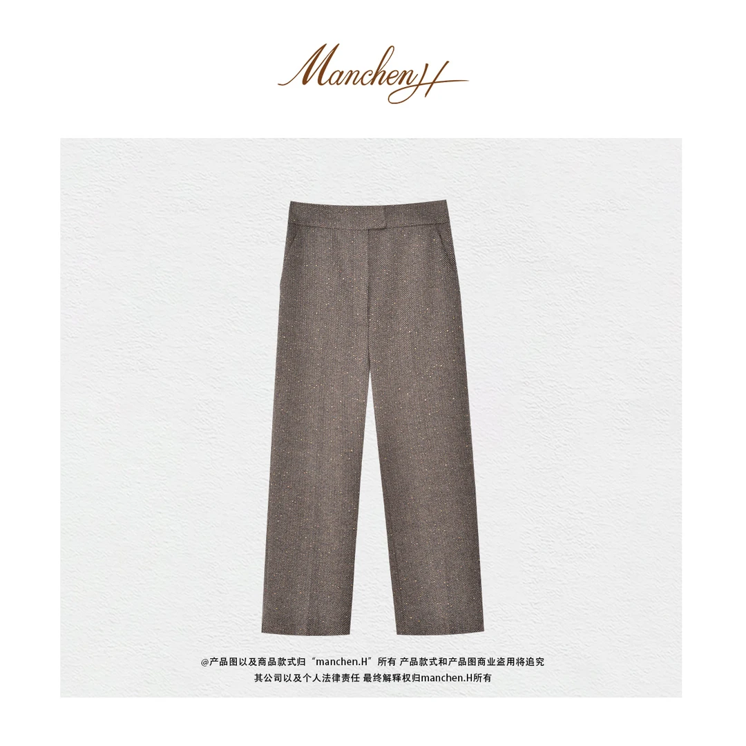 Manchenh"职场精英"进口羊毛亮片色纺纱人字纹高端西裤