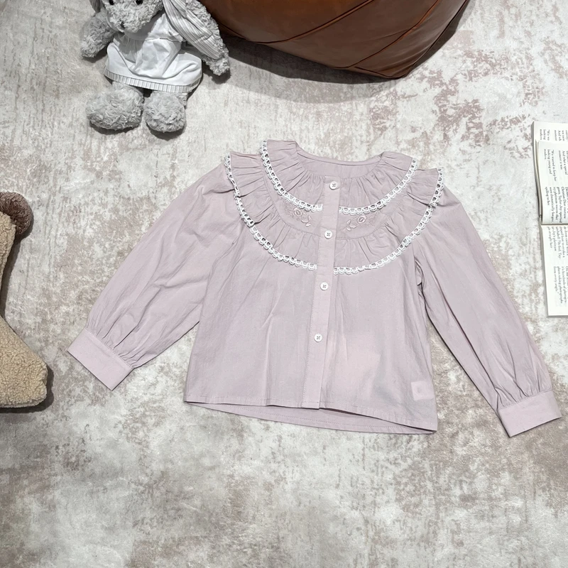 女童粉色双木耳边洋气衬衫322020