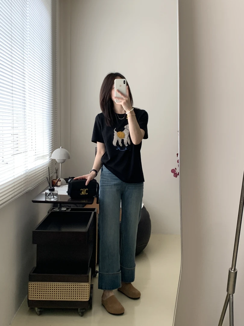 【旧港牛仔】简约韩版休闲直筒折边显瘦万向弹高腰微弹牛仔裤