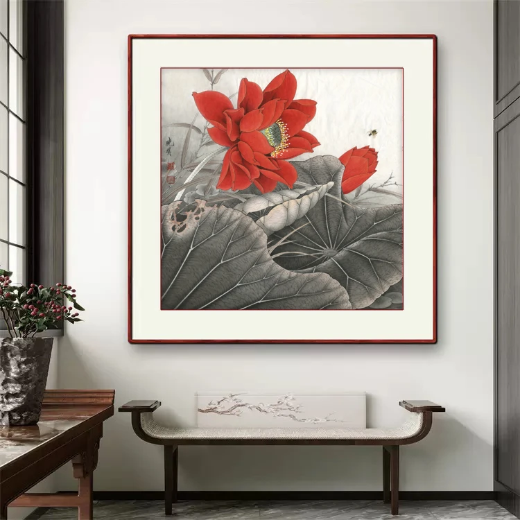 新中式斗方荷花图装饰画