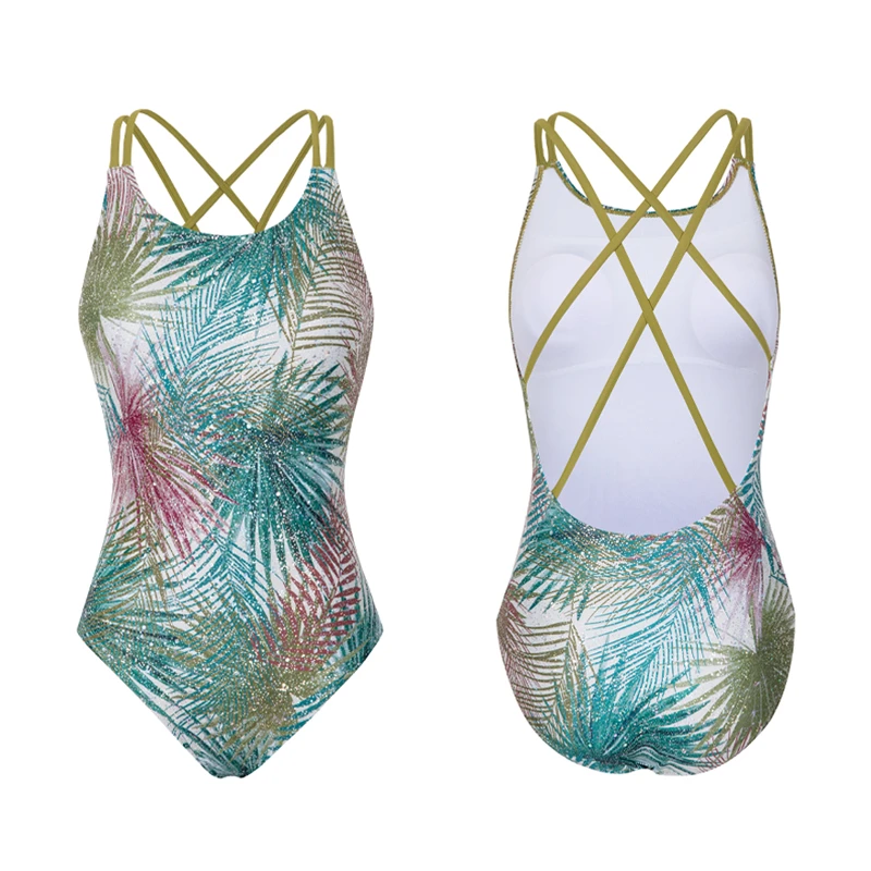 2025新款显瘦美背连体泳衣女三角遮肉性感印花竞速游泳装