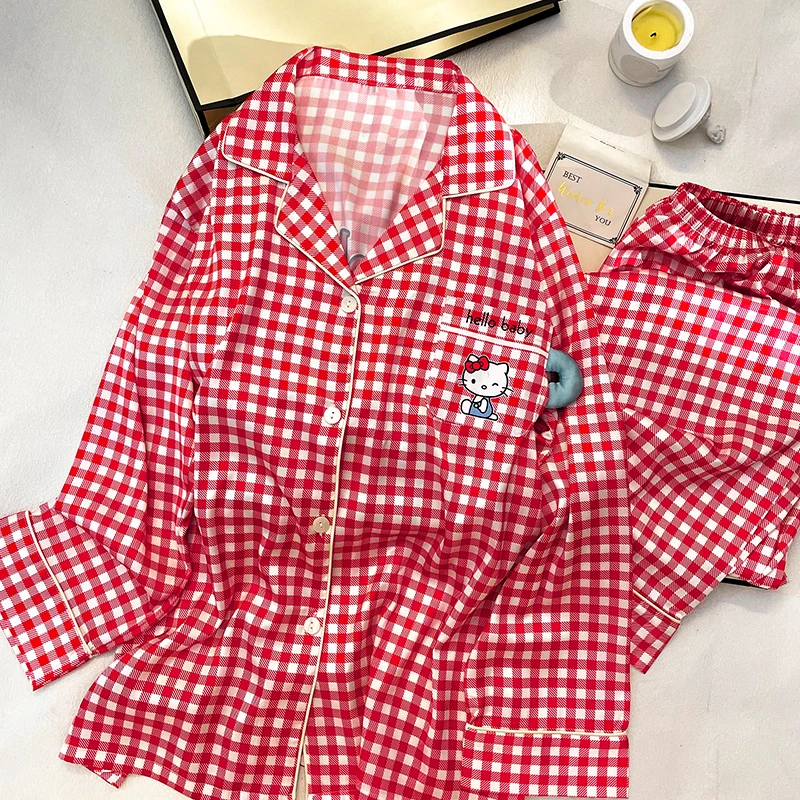 甜美少女格纹凯蒂猫睡衣女款2025年春秋新款爆款居家两件套家居服