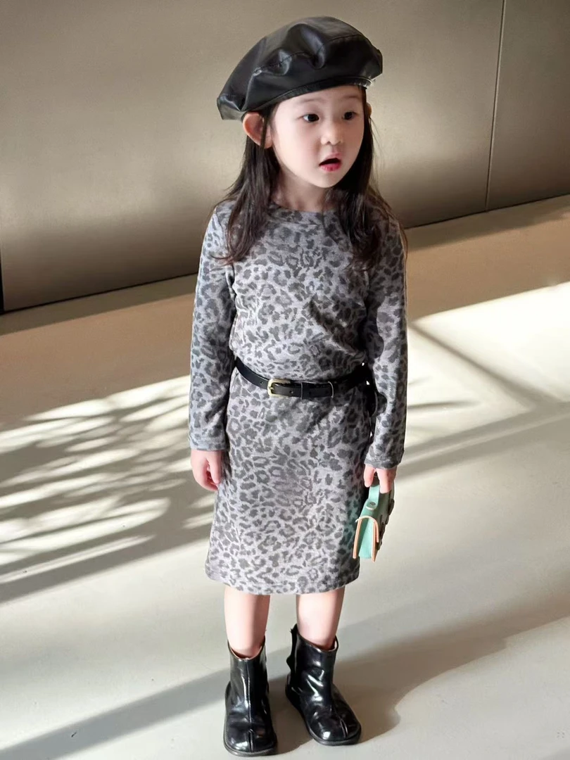 2025秋季新款童装 韩版童装 女童中长款豹纹弹力T恤裙 时尚长款裙