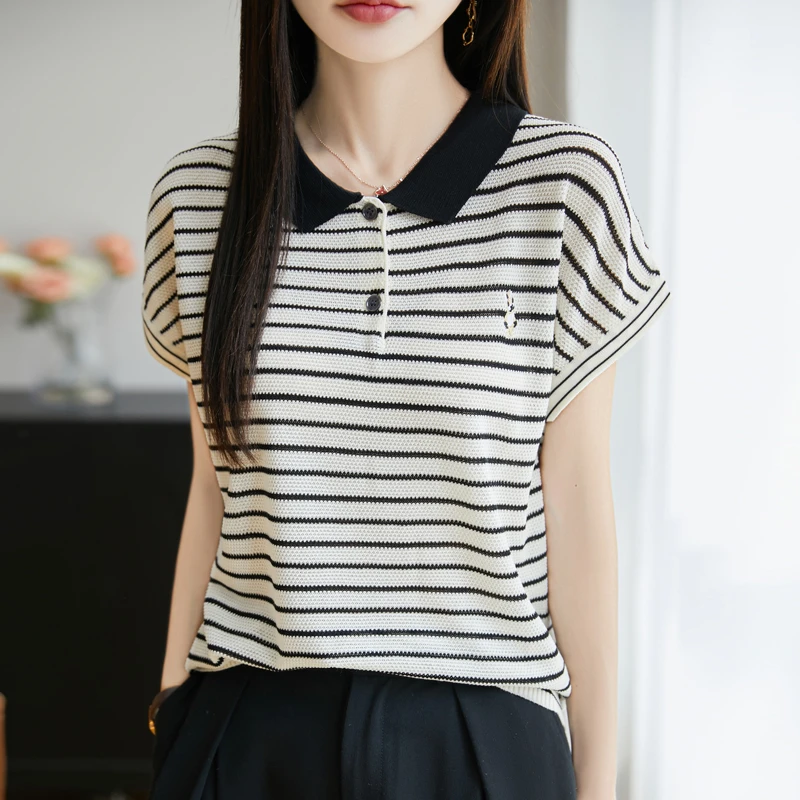 哥弟阿玛施正品小兔子图案条纹设计感飞飞袖女装夏季撞色宽松