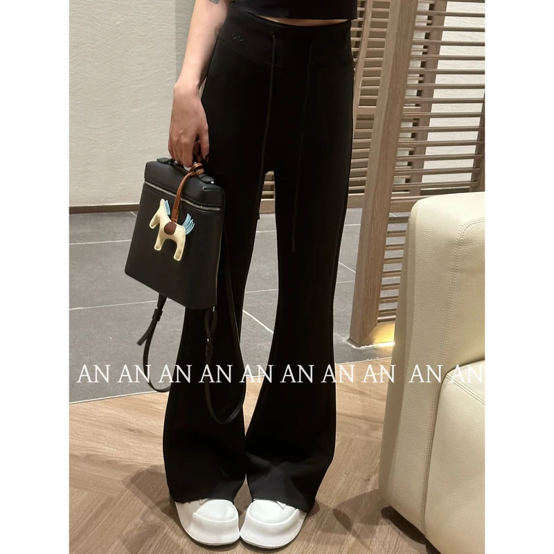 C08568简约INS潮垂感宽松百搭松紧腰纯色阔腿字母休闲微喇裤