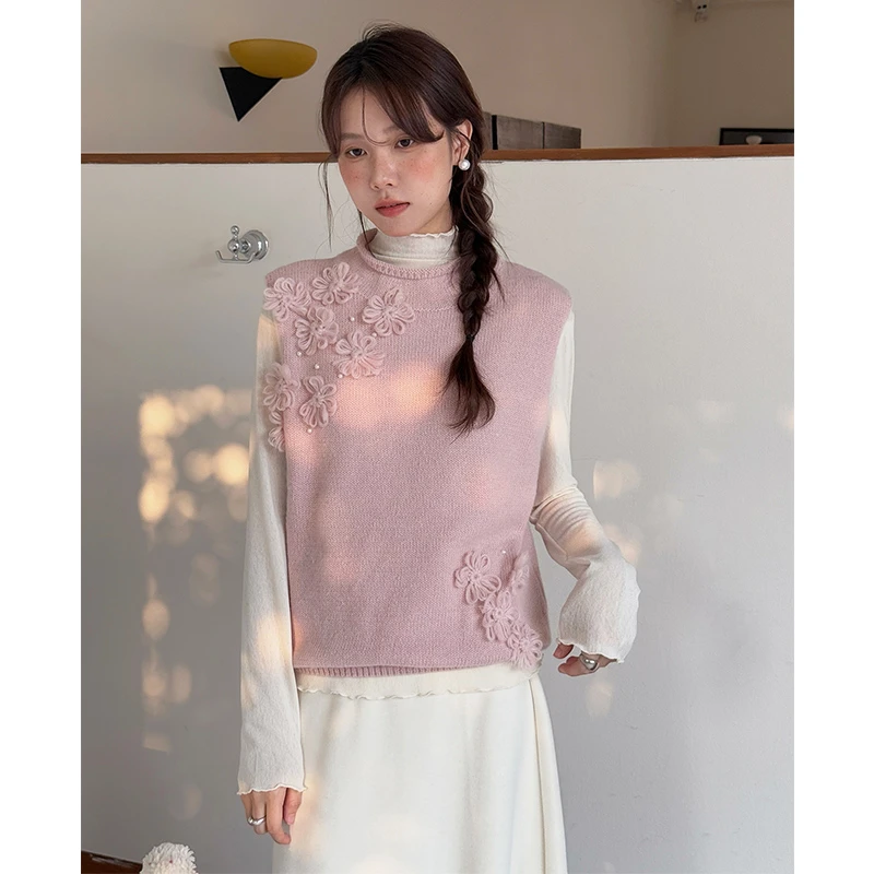 立体钉珠花朵圆领针织马甲背心女冬季流行小个子叠穿上衣毛衣坎肩