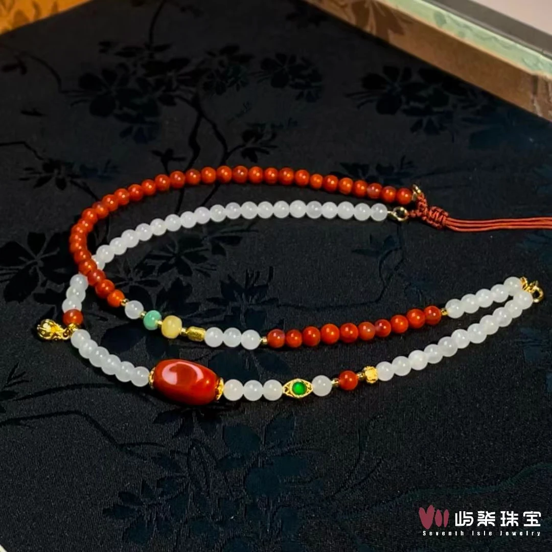 【要努力】A1193 念幽 玛瑙银S925镶嵌 南红白玉项链