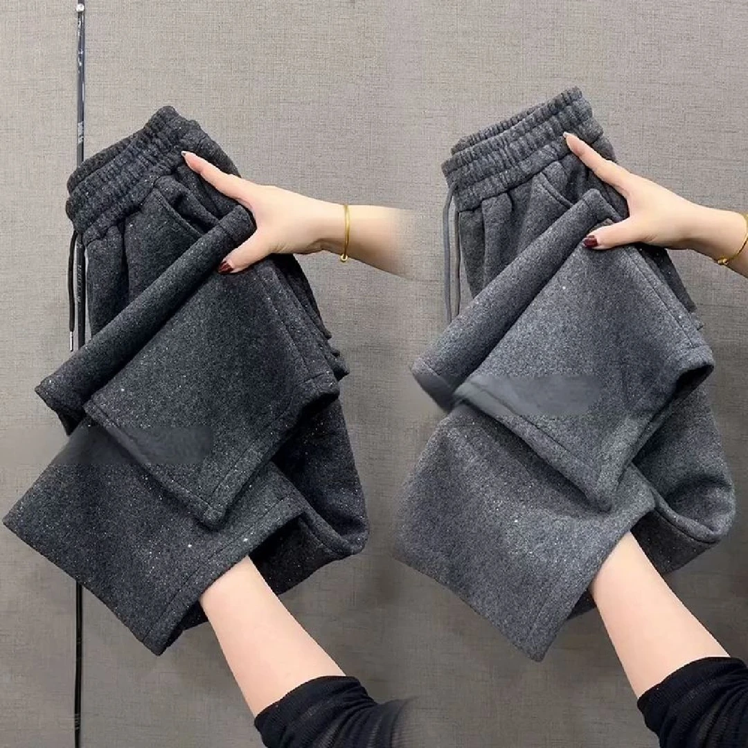 黑色时髦休闲细闪裤子女宽松运动卫裤2025新款加厚亮闪闪的裤子