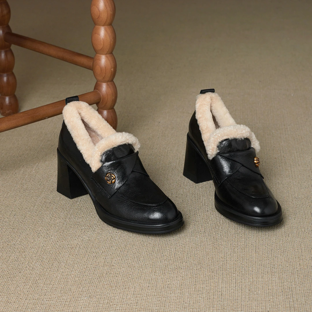 手工制作7.5cm冬季保暖跟鞋深口圆头英伦风乐福鞋法式加绒毛毛鞋