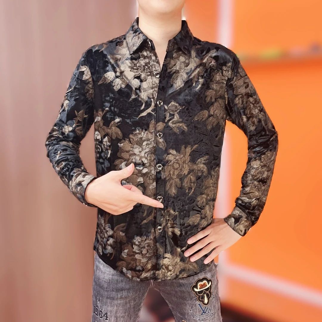秋季新款男士潮流时尚欧货长袖休闲暗黑风衬衣烫印雕花修身男衬衫