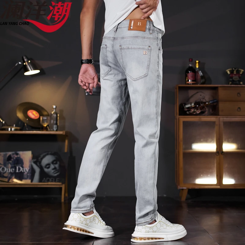 2025新款男士牛仔裤弹力时尚百搭韩版修身直筒灰色休闲裤子男款