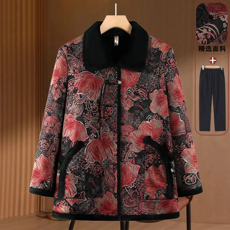 奶奶秋冬季棉衣中老年人女装加绒加厚外套妈妈洋气冬装老太太棉袄