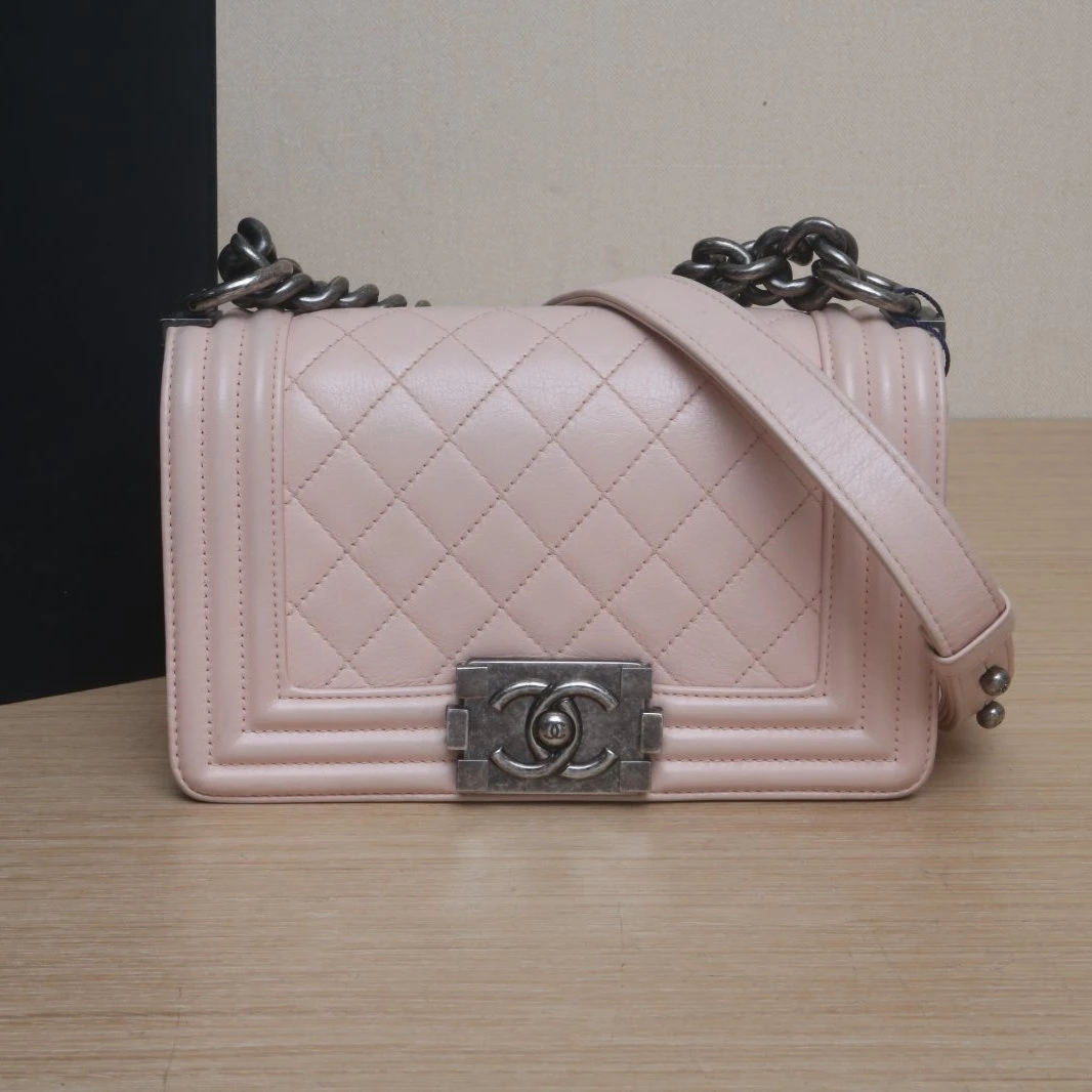 95新 Chanel/香奈儿 小花双双 Leboy 小号 粉色 皮革S 23开 银扣