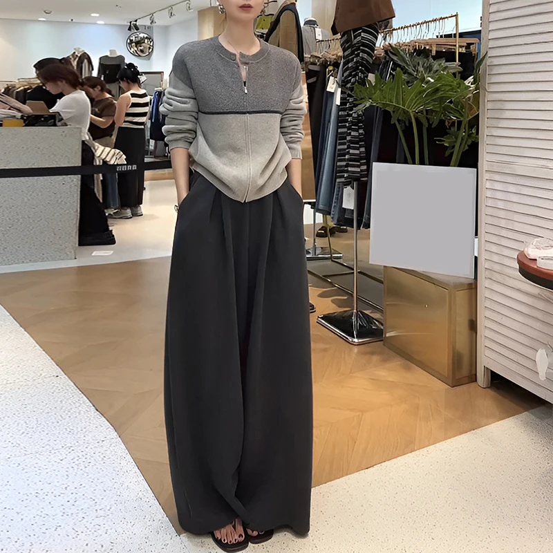 韩系圆领撞色长袖针织外套女2025冬季新款减龄松紧腰阔腿裤两件套