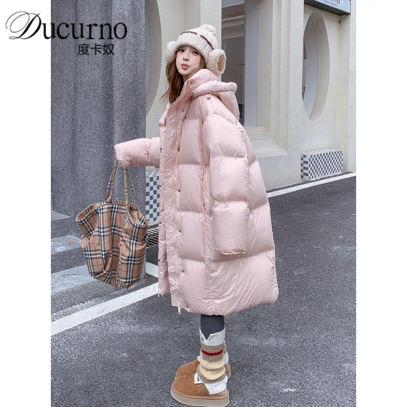粉色泡芙羽绒服女中长款2025冬季新款韩版加厚过膝90白鸭绒面包服
