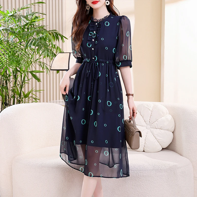 夏季大摆裙轻熟风印花显瘦连衣裙夏装时尚女装中长款遮肉网纱裙子