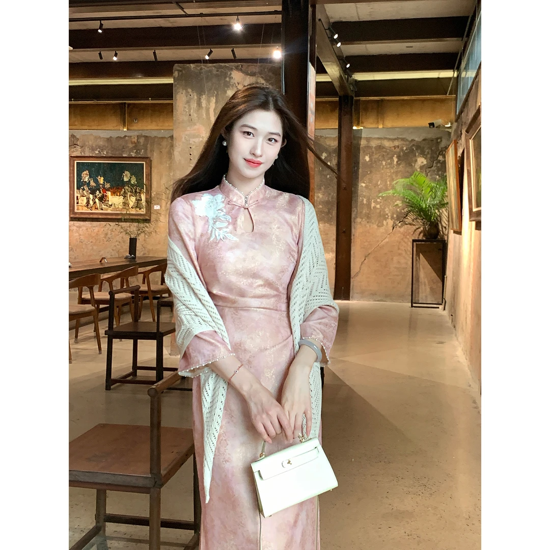 凌茜恣禾【玫瑾浮光】国风新中式蕾丝贴花提花连衣裙绝美改良旗袍裙