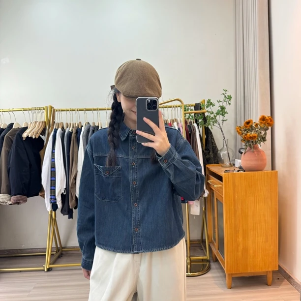 加绒显瘦百搭长袖复古加绒牛仔衬衫