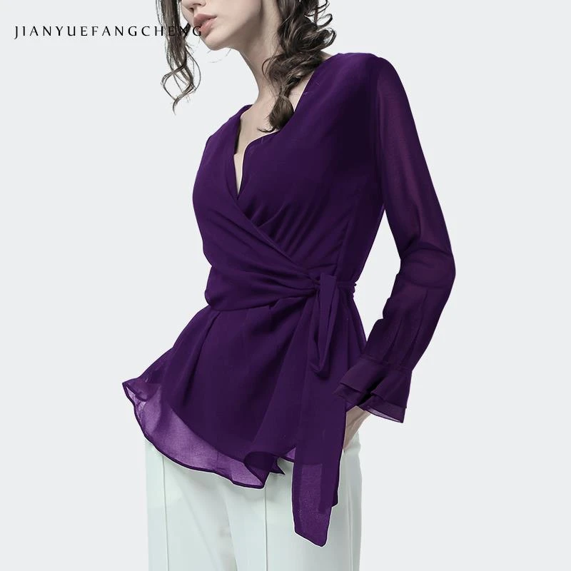 法式荷叶边雪纺衫春季上衣女紫色交叉v领打底衫收腰衬衣SH243626