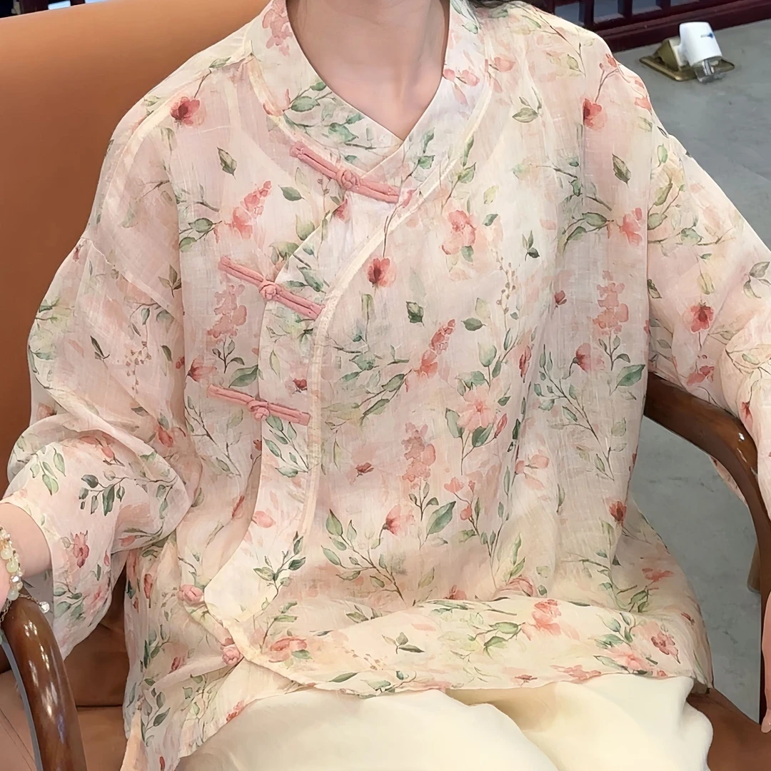 沅曼【芳菲】夏季苎麻斜襟小衫新中式国风复古时尚碎花上衣