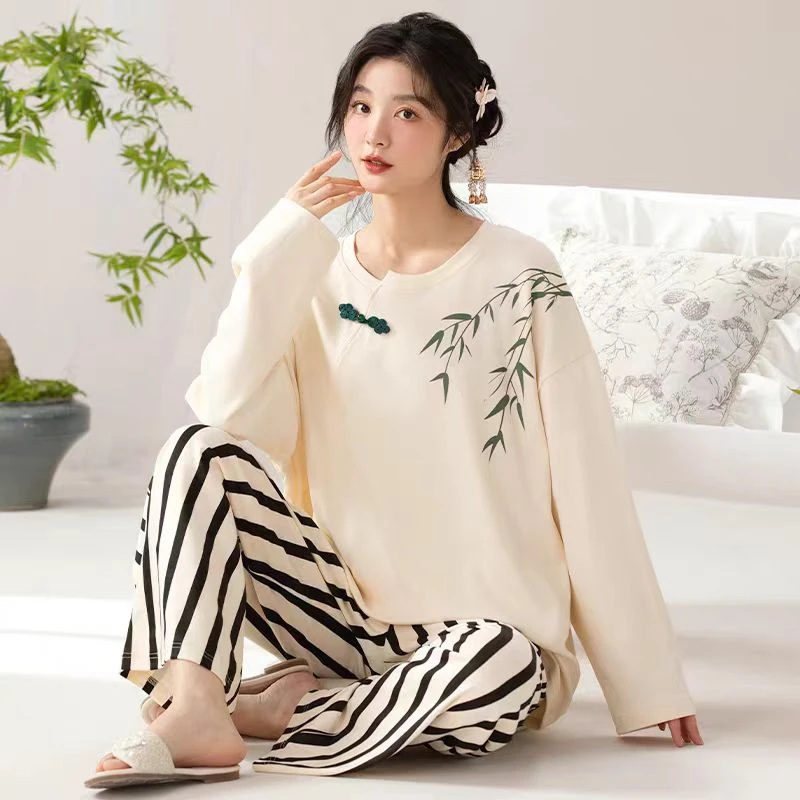 睡衣女款纯棉春秋2025新款女士中国风圆领可外穿家居服套装