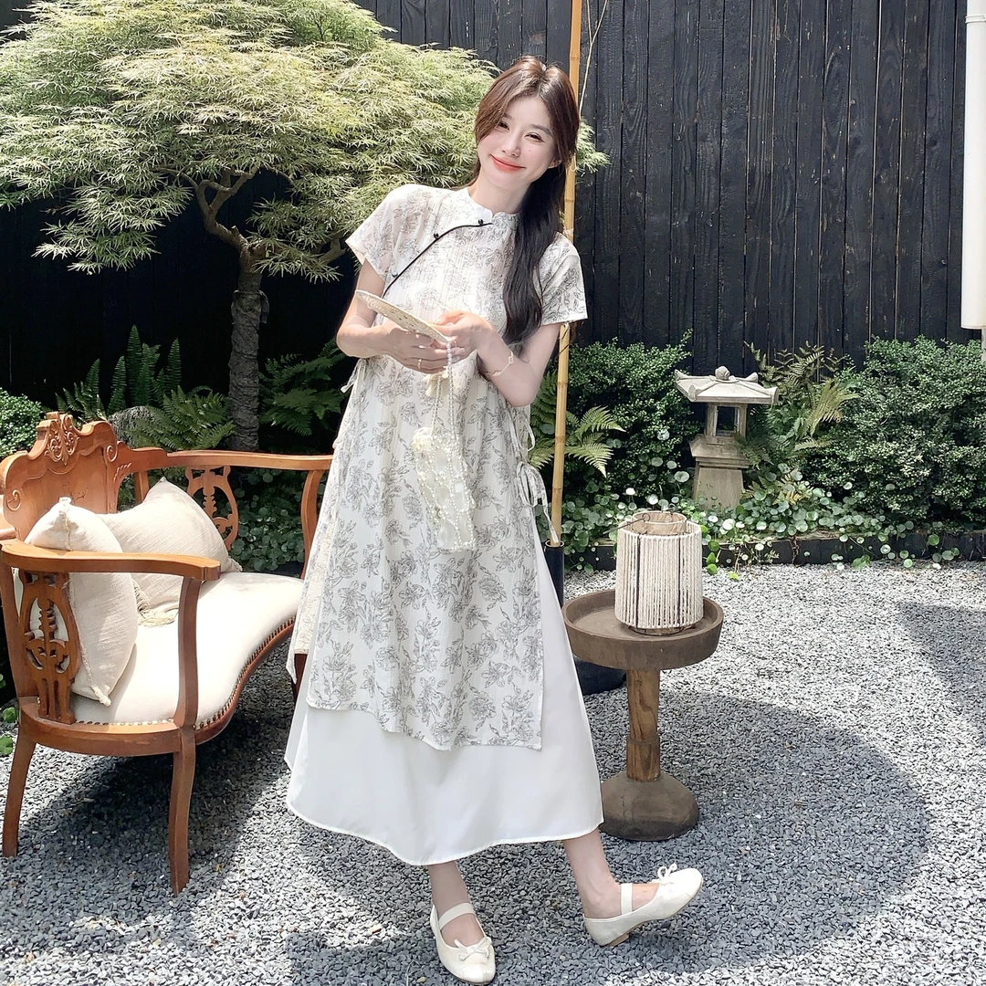 清冷感国风连衣裙套装女夏季新中式改良旗袍罩衫裙吊带长裙两件套