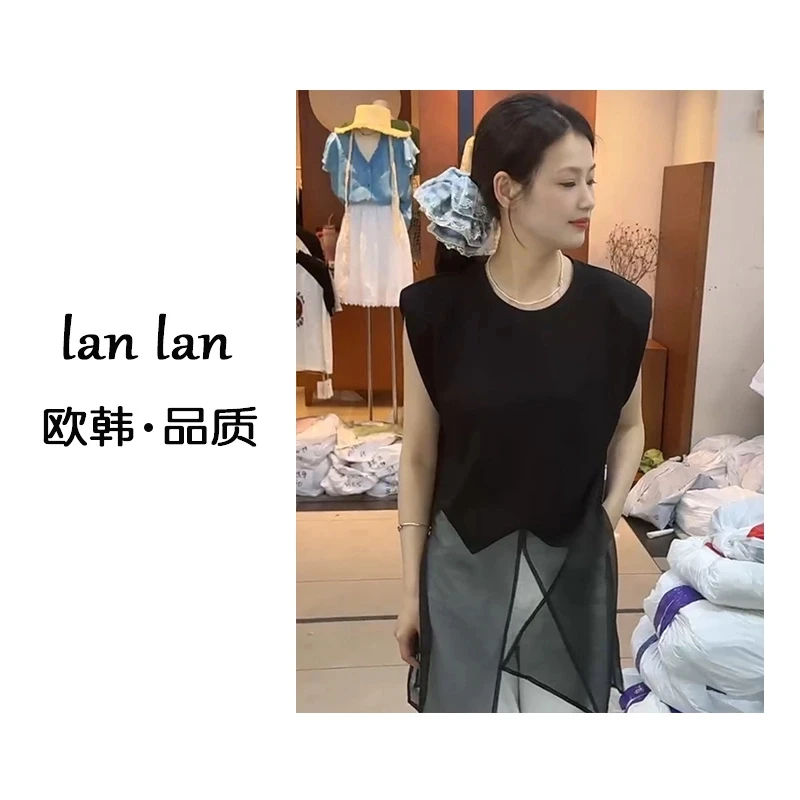 lanlan-夏上新【下摆开叉背心裙】小众韩版拼纱背心裙女宽松显瘦