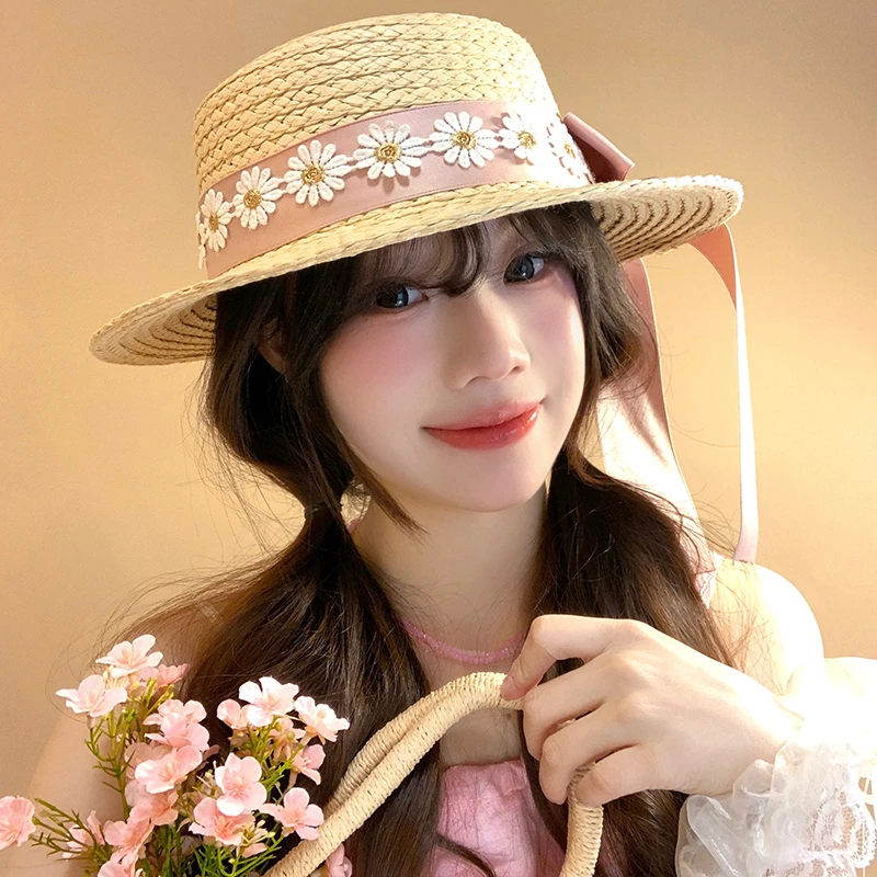 蝴蝶结花朵平顶草帽女2025新款夏季海边沙滩度假遮阳防晒太阳帽子