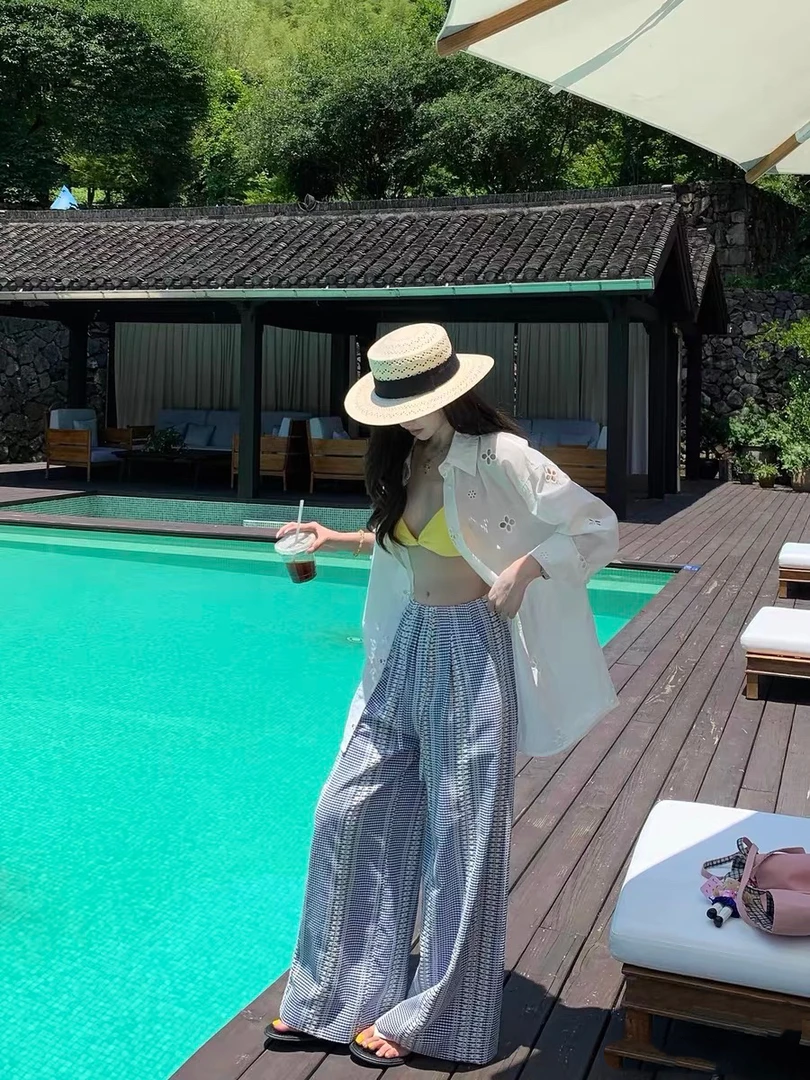 YD-新款童话镇绣花格调INS风直筒裤韩系气质休闲格子长裤