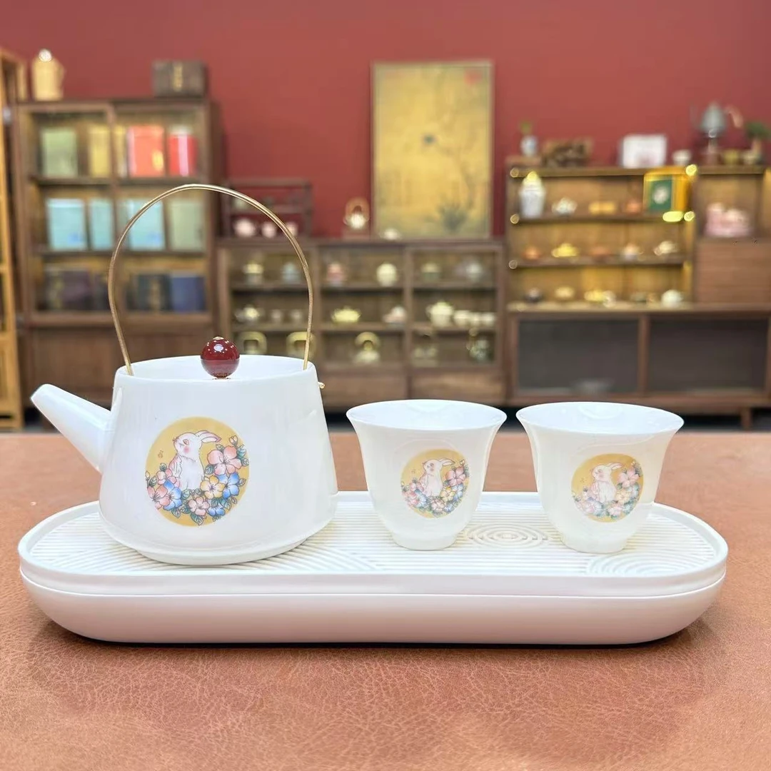 ZH1894-玉兔望月提梁壶+2个玉兔望月茶杯+密胺白色小茶盘