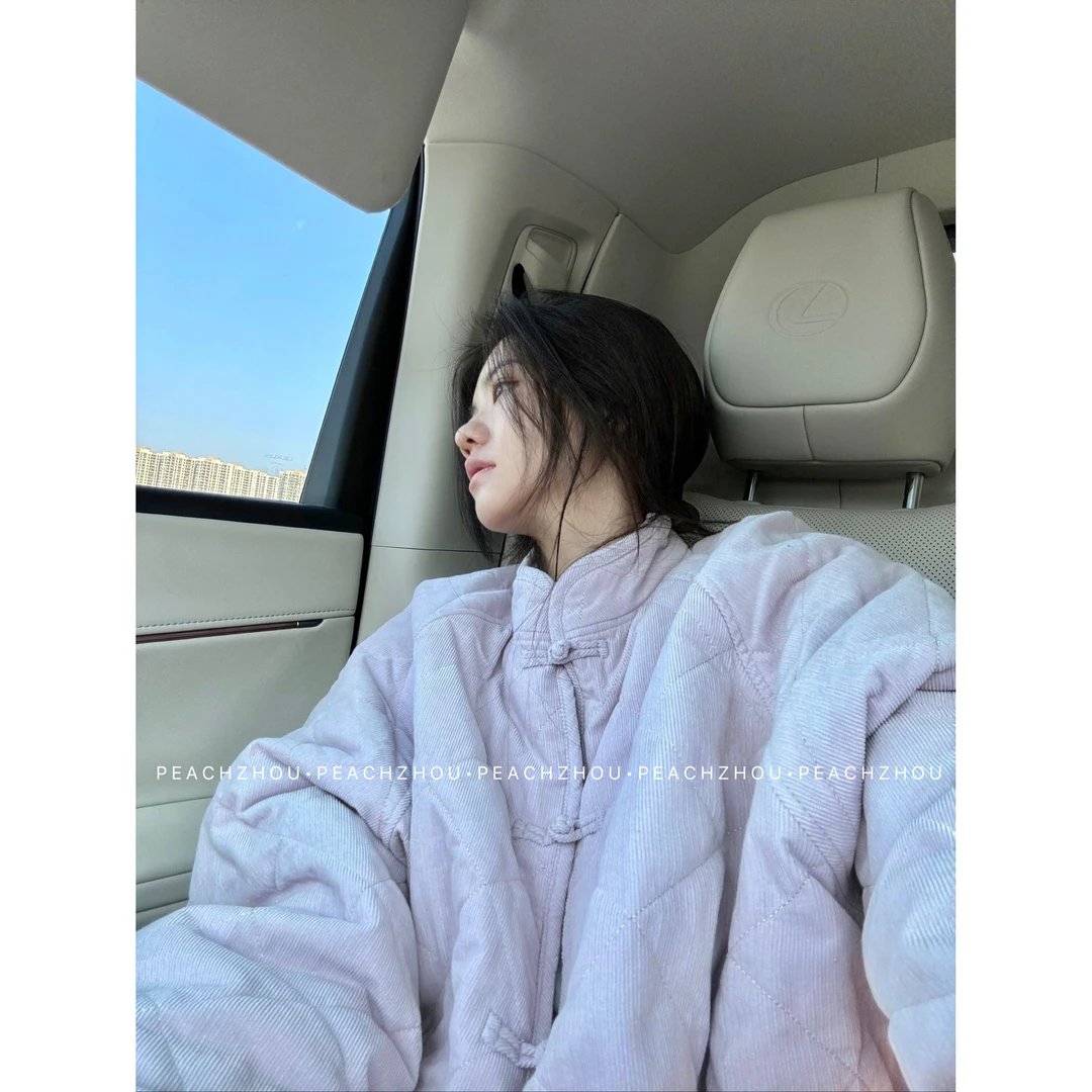 『PEACHZHOU』灯芯绒菱格绗线新中式盘扣宽松立领廓形外套休闲棉服