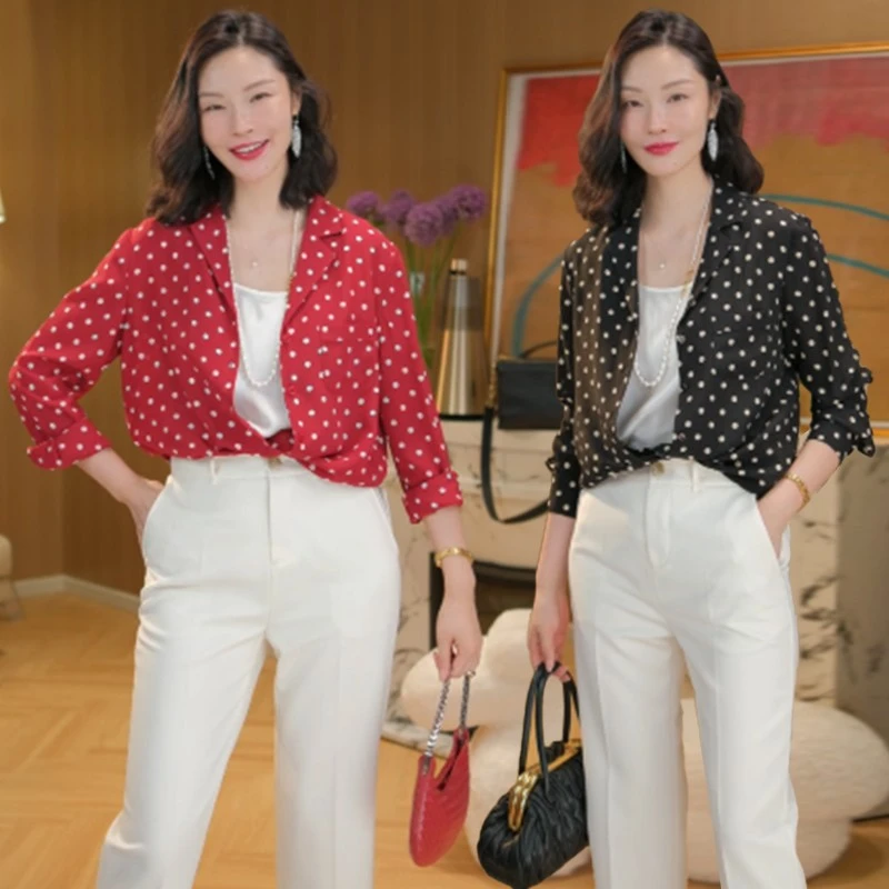 馆东 桑蚕丝法式复古风西装领波点真丝衬衫上衣女 波点暗语