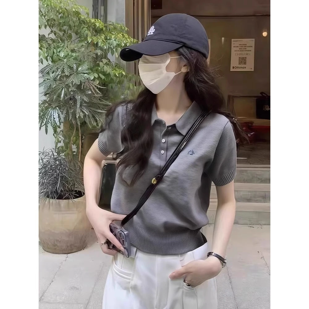灰色polo领冰丝针织短袖T恤女夏季新款修身显瘦时尚百搭短款上衣