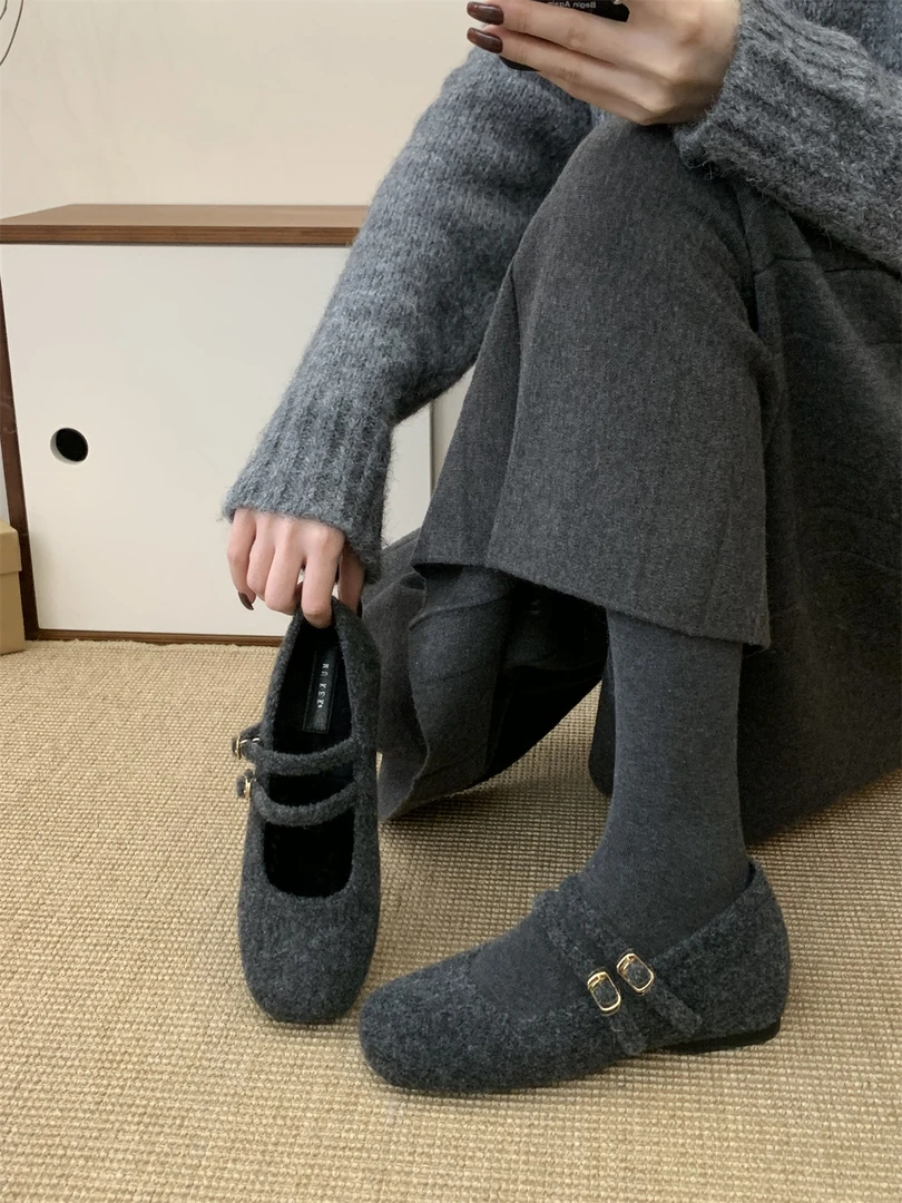 内增高玛丽珍毛毛鞋女冬外穿新款法式灰色呢子单鞋女厚底加绒棉鞋