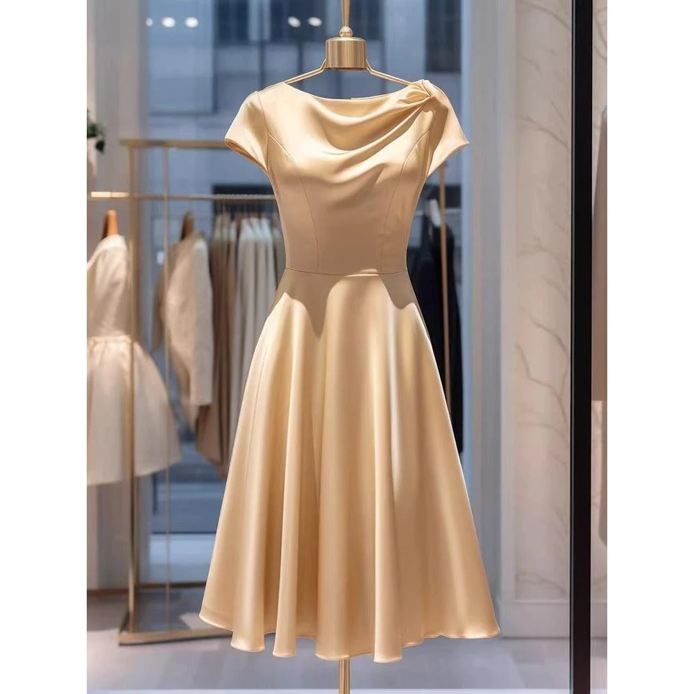 轻奢缎面垂坠感修身短袖连衣裙气质时尚高级感显瘦礼服连衣裙夏季