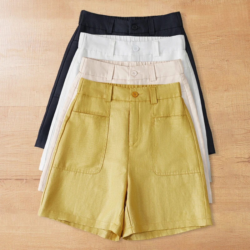 黄色天丝亚麻五分短裤女夏季薄款2025新款高腰显瘦A字棉麻阔腿裤