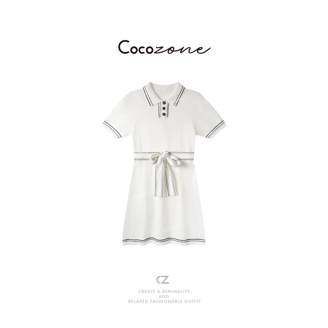 COCO ZONE 刘一一 “镂空裙”POLO领条纹挑孔提花连衣裙 CD1A1170