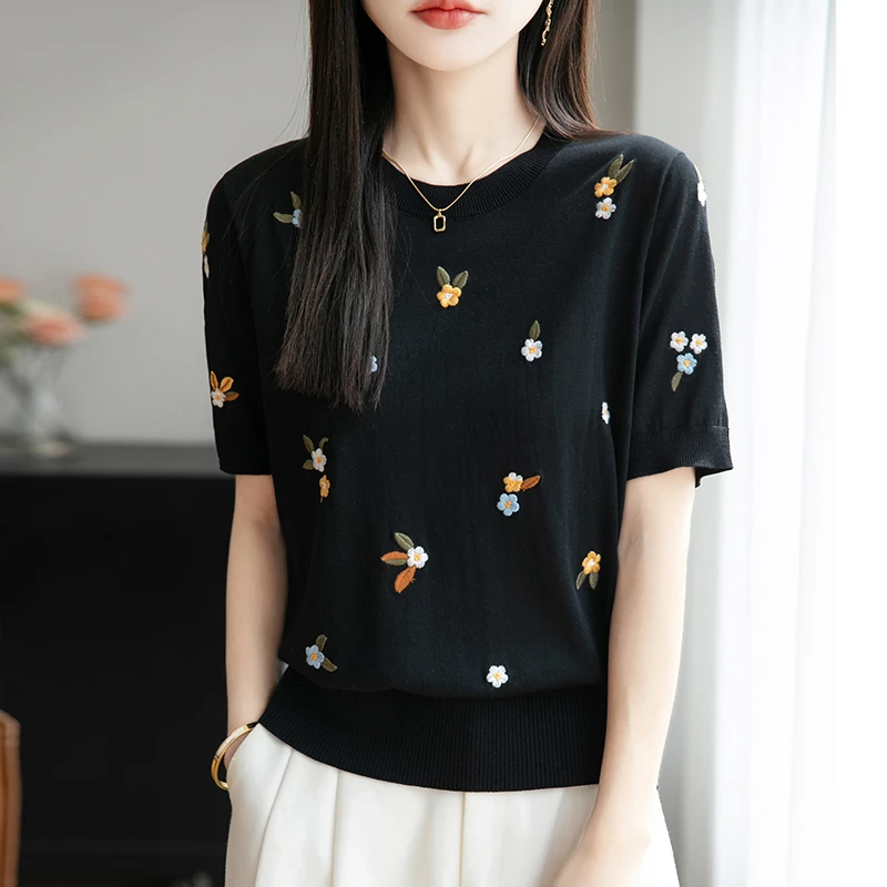 品牌正品夏季重工刺绣针织衫洋气设计感 时尚短袖绣花T恤