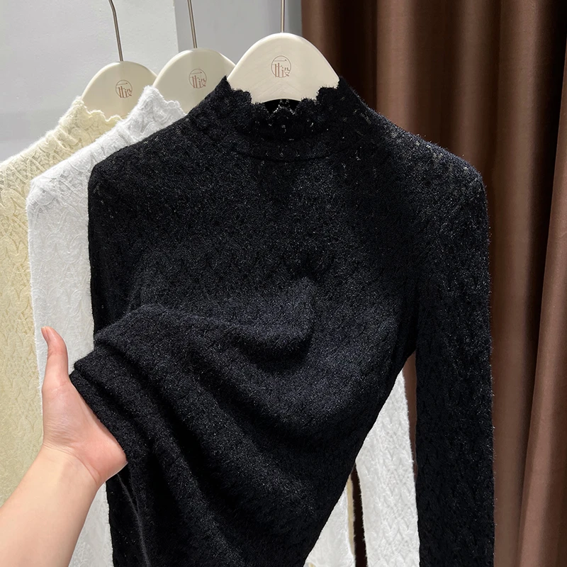 高级感黑色蕾丝半高领打底衫女秋冬爆款气质磨毛提花镂空网纱上衣