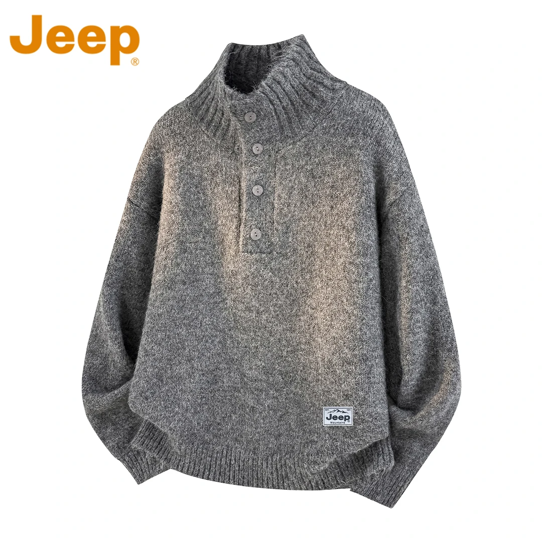 JEEP吉普灰色高级感羊毛针织衫男款冬季宽松百搭半高领毛线衣男士