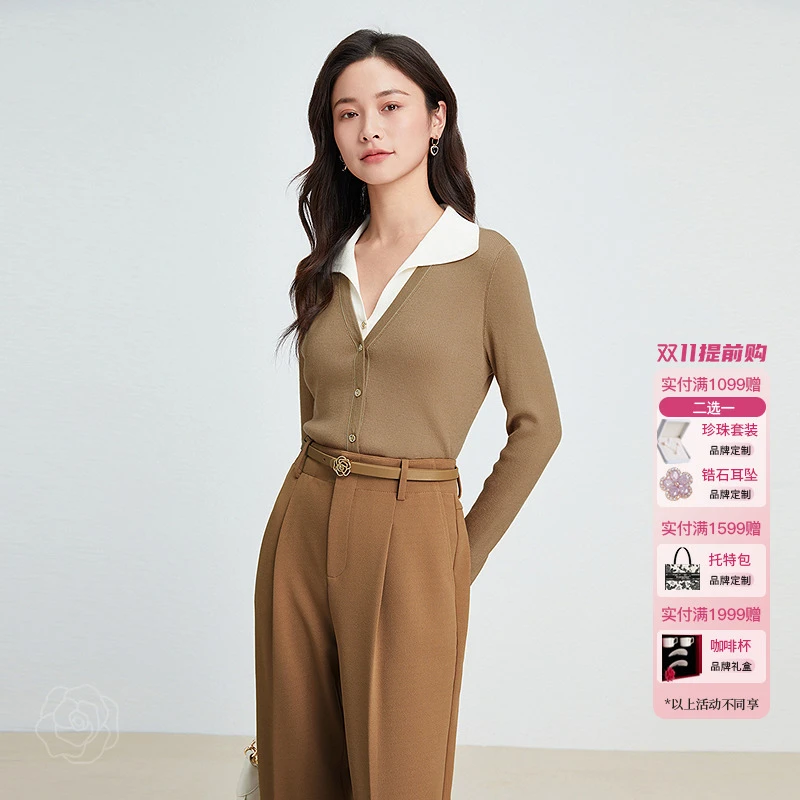 【100羊毛】珂莱蒂尔秋季款通勤舒适百搭假两件套头毛针织衫女