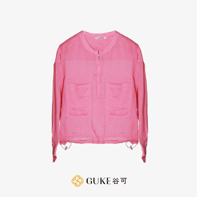 GKE/谷可C3029平纹苎麻衬衫女2025春季新品休闲圆领长袖洋气小衫