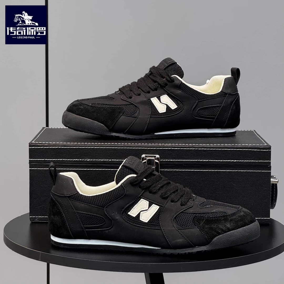 传奇保罗男鞋夏季透气百搭潮流运动德训鞋黑色轻便男士休闲阿甘鞋