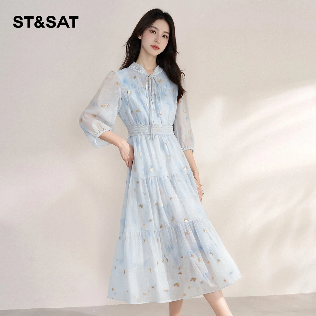 星期六蝴蝶印花复古裙子法式长裙收腰显瘦连衣裙v领仙女裙气质裙