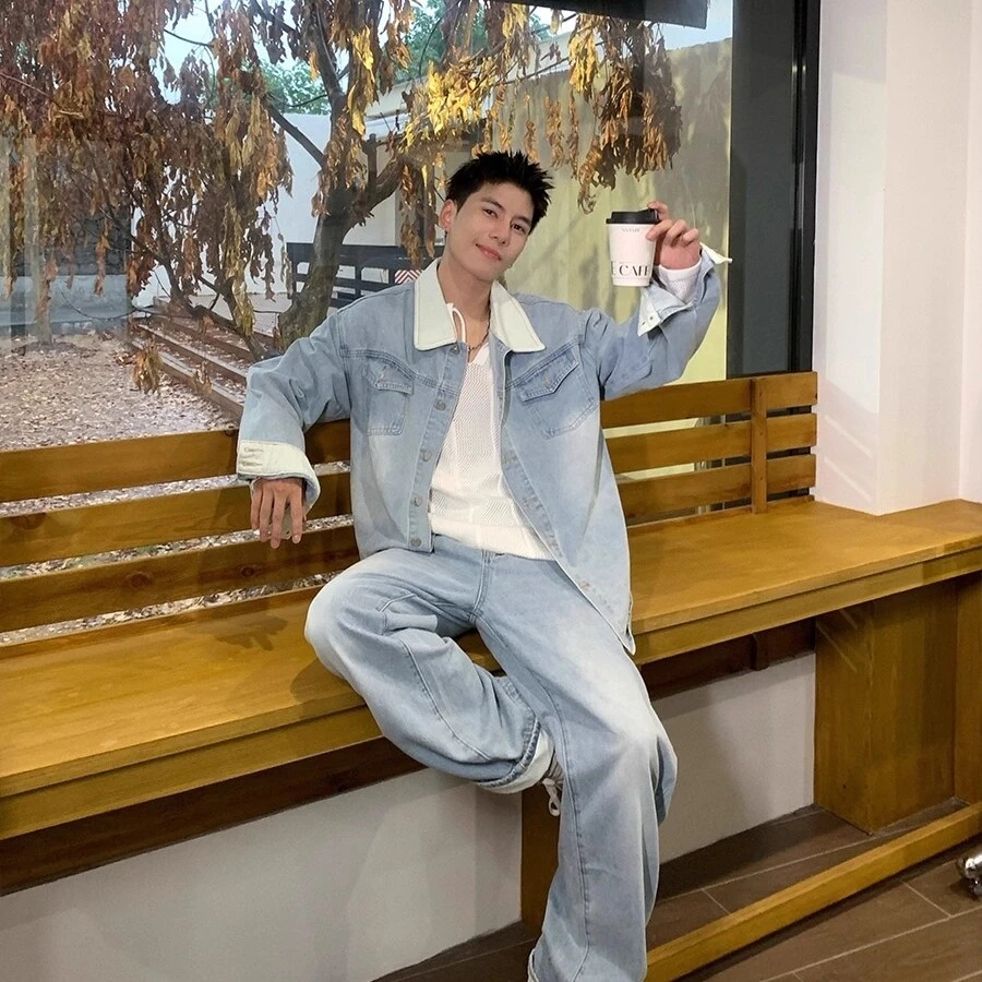 cleanfit牛仔衣套装男秋季设计感高级水洗蓝牛仔夹克外套一套穿搭