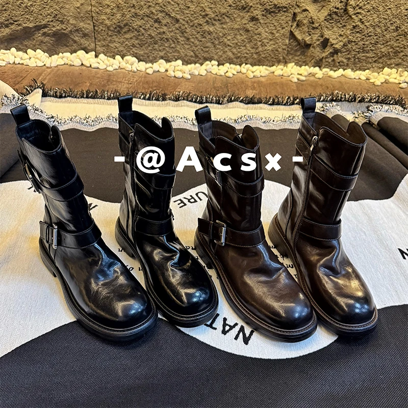 【阿茶】手工褶皱~水洗牛皮/跟高5CM /秋季新款真皮机车靴女